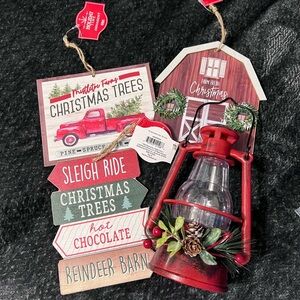 Holiday Time Red Lantern and Christmas Sign Set